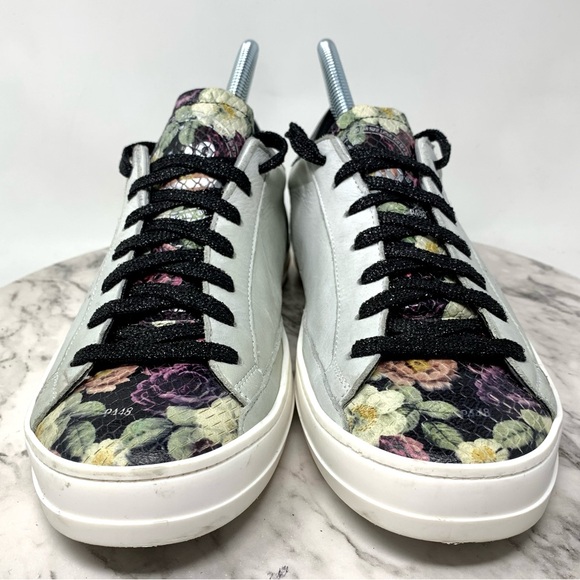 P448 John Black Floral Leather Low Top Sneakers 40/9-10 Casual Preppy Athleisure - Picture 4 of 16